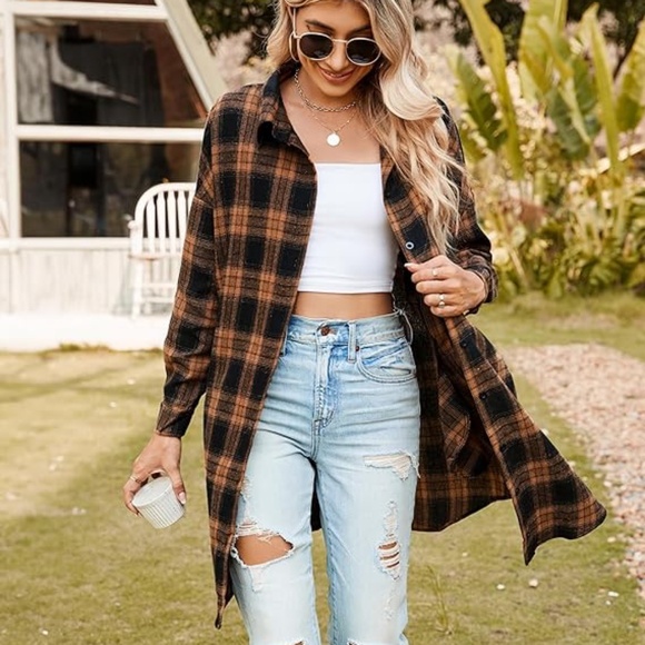 Blooming Jelly Women's Button Down Flannel Shirts Plaid Shacket Long Sleeve Coll - Picture 3 of 6